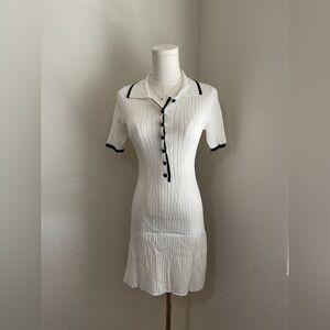 White Ribbed Dress with Black Trim